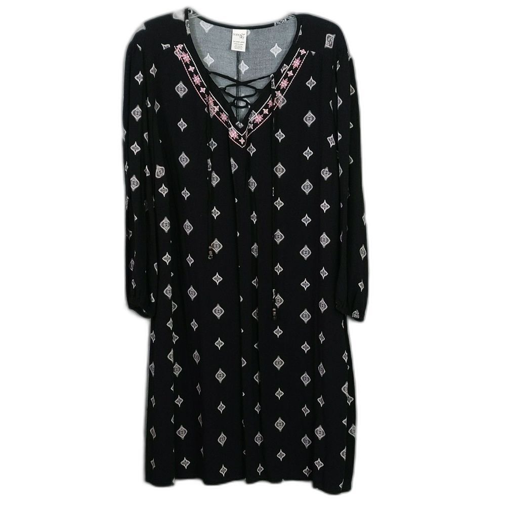 Terra & Sky Black Geometric Boho Dress Women's 1X